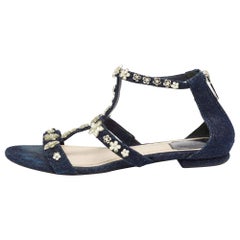 Dior Blue Denim Jewel Embellished Strappy Flat Sandals Size 38.5