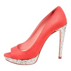 Miu Miu Neon Pink Leather And Glitter Peep Toe Platform Pumps Size 38.5