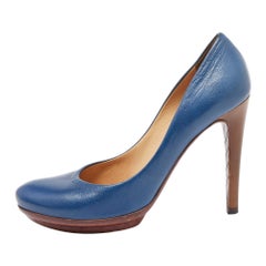 Bottega Veneta Blue Leather Round Toe Platform Pumps Size 37.5
