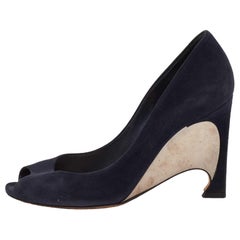 Dior Navy Blue Suede Peep Toe Optique Wedge Pumps Size 36.5