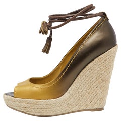 Sergio Rossi Ombre Gold Leather and Jute Ankle Wrap Wedge Pumps Size 39.5