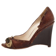 Dior Brown Leather Diorissimo Chain Detail Peep-Toe Wedge Pumps Size 37