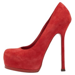 Yves Saint Laurent Red Suede Tribtoo Platform Pumps Size 35.5