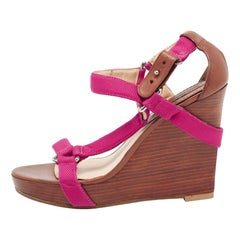 C&eacute;line Pink Canvas T-Strap Wedge Slingback Sandals Size 39