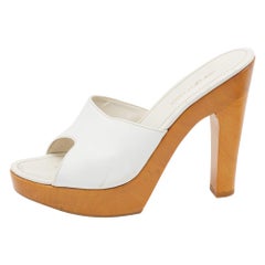 Sergio Rossi White Leather Wooden Platform Heel Sandals Size 38.5
