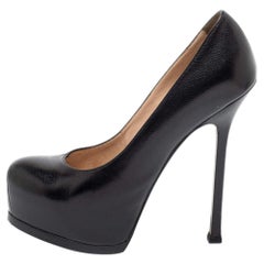 Saint Laurent Black Textured Leather Tribtoo Platform Pumps Size 37