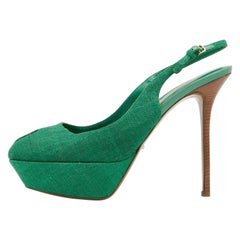 Sergio Rossi Green Canvas Platform Peep Toe Ankle Strap Sandals Size 40