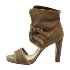 Chloe Brown Canvas and Leather Trim Ankle Sandals Size 38