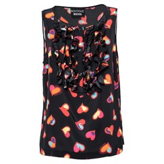Boutique Moschino Black Heart Print Silk Ruffle Front Top L