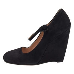 Miu Miu Black Suede Square Toe Mary Jane Wedge Pumps Size 38