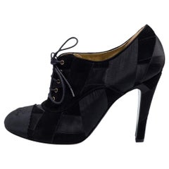 Chanel Black Suede and Satin Patchwork Lace-Up CC Cap Toe Ankle Booties Size 41