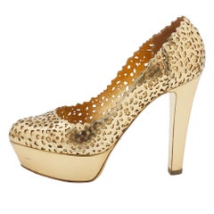Sergio Rossi Metallic Gold Laser Cut Leather Platform Pumps Size 36.5