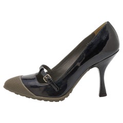 Miu Miu Black Patent Leather & Rubber Extended Cap Toe Mary Jane Pumps Size 35.5