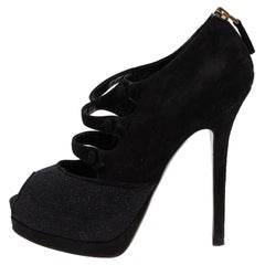 Fendi Black/Blue Glitter And Suede Peep Toe Zipper Booties Size 36.5