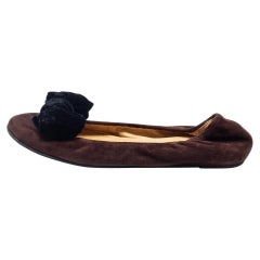 Lanvin Brown Suede Leather Bow Scrunch Ballet Flats Size 38
