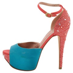 Gina Red Satin & Canvas Crystal Embellished Platform Ankle Strap Sandals Size 39