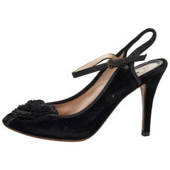 Moschino Black Velvet Flower Embellished Mary Jane Peep Toe Sandals Taglia 38
