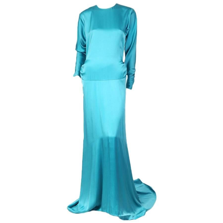 Yves Saint Laurent Turquoise Silk Gown circa 1980s For Sale