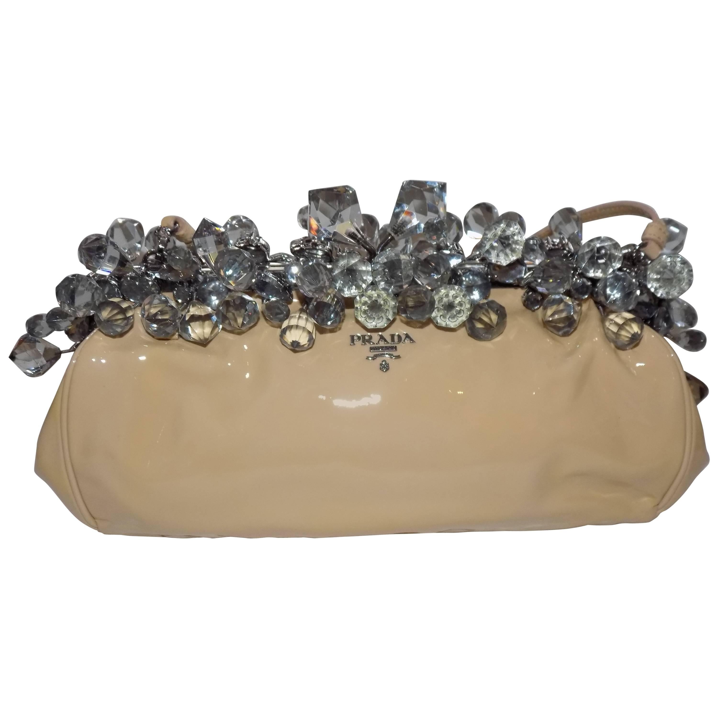 Prada nude Patent Leather Crystal Encrusted Clutch Bag 