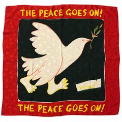 Moschino Vintage 1980s The Peace Goes On Red Silk Dove Olive Branch Scarf