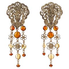 STEPHEN DWECK c.1990's Sterling 14K Gold Large Floral Chandelier Amber Earrings 1