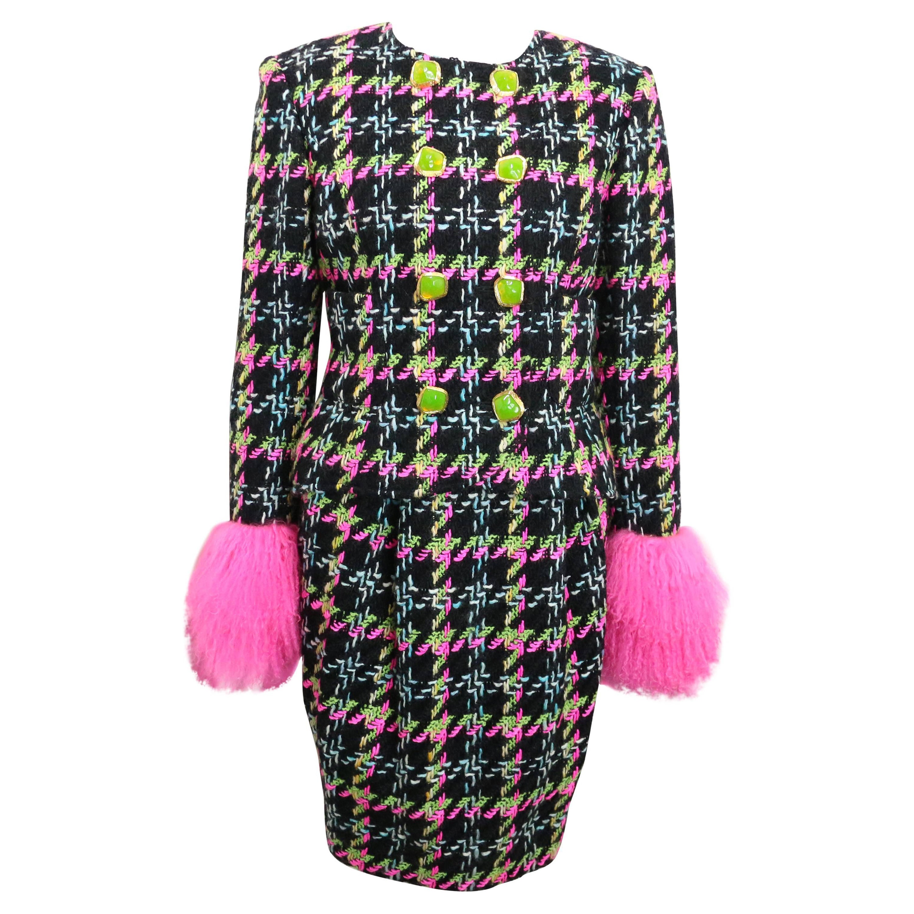 Christian Lacroix Double Breasted Houndstooth Tweed Wool Suit and Skirt Ensemble For Sale