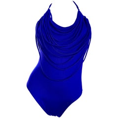 Amazing Retro Bill Blass Royal Blue Avant Garde One Piece Swimsuit Bodysuit