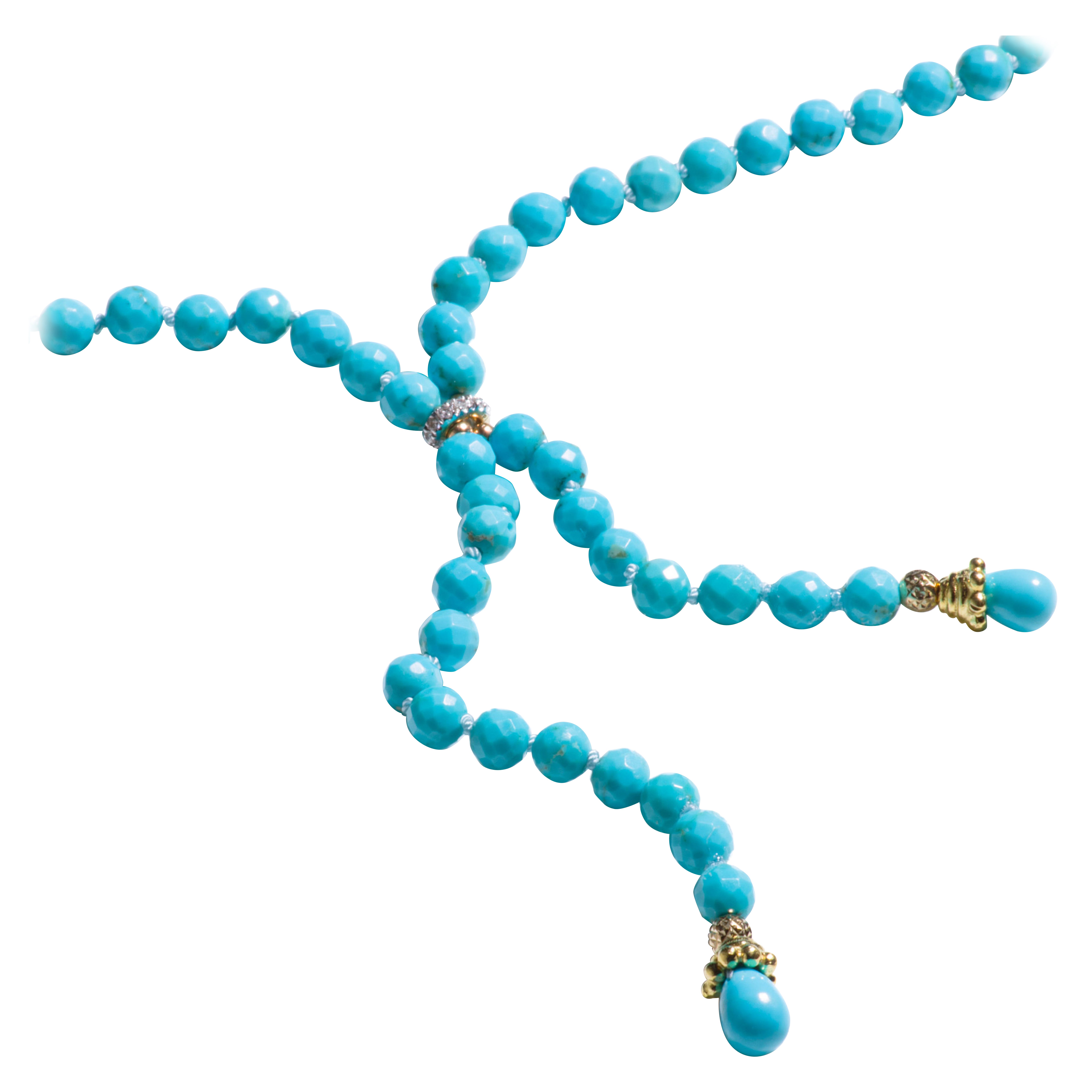 Modern Opera Length Sleeping Beauty Turquoise Diamond Yellow Gold Necklace