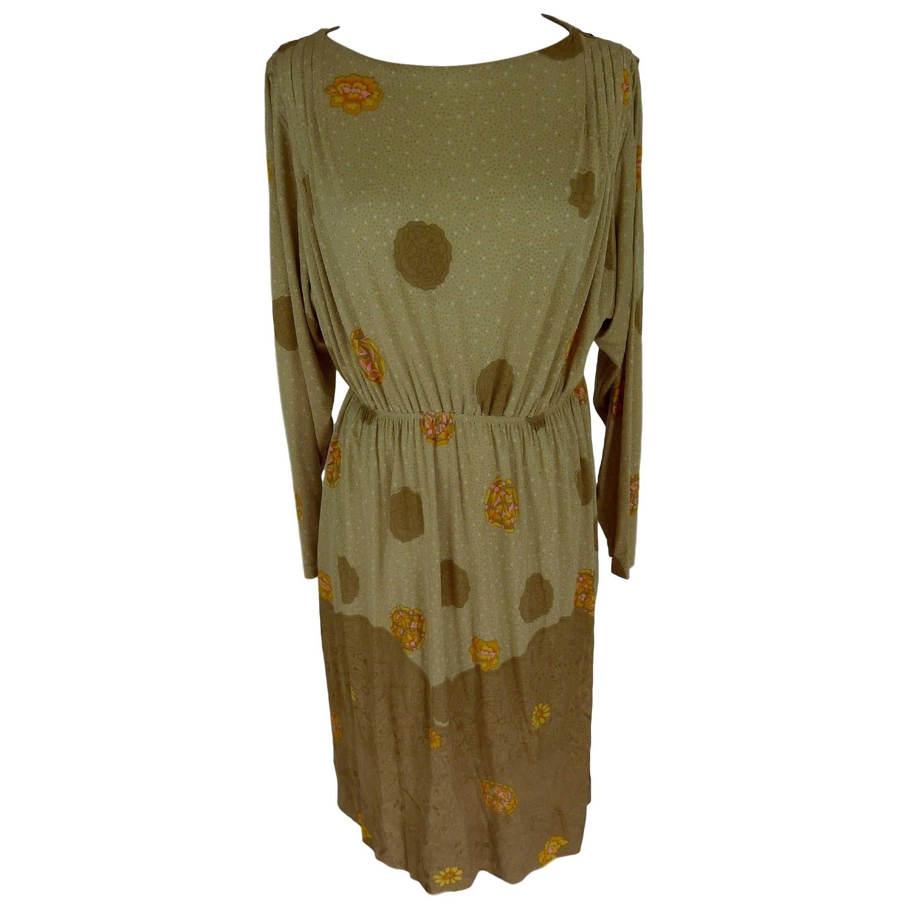 De Parisini 1970s dress floral 100% silk wrap beige women's size 12 UK vintage