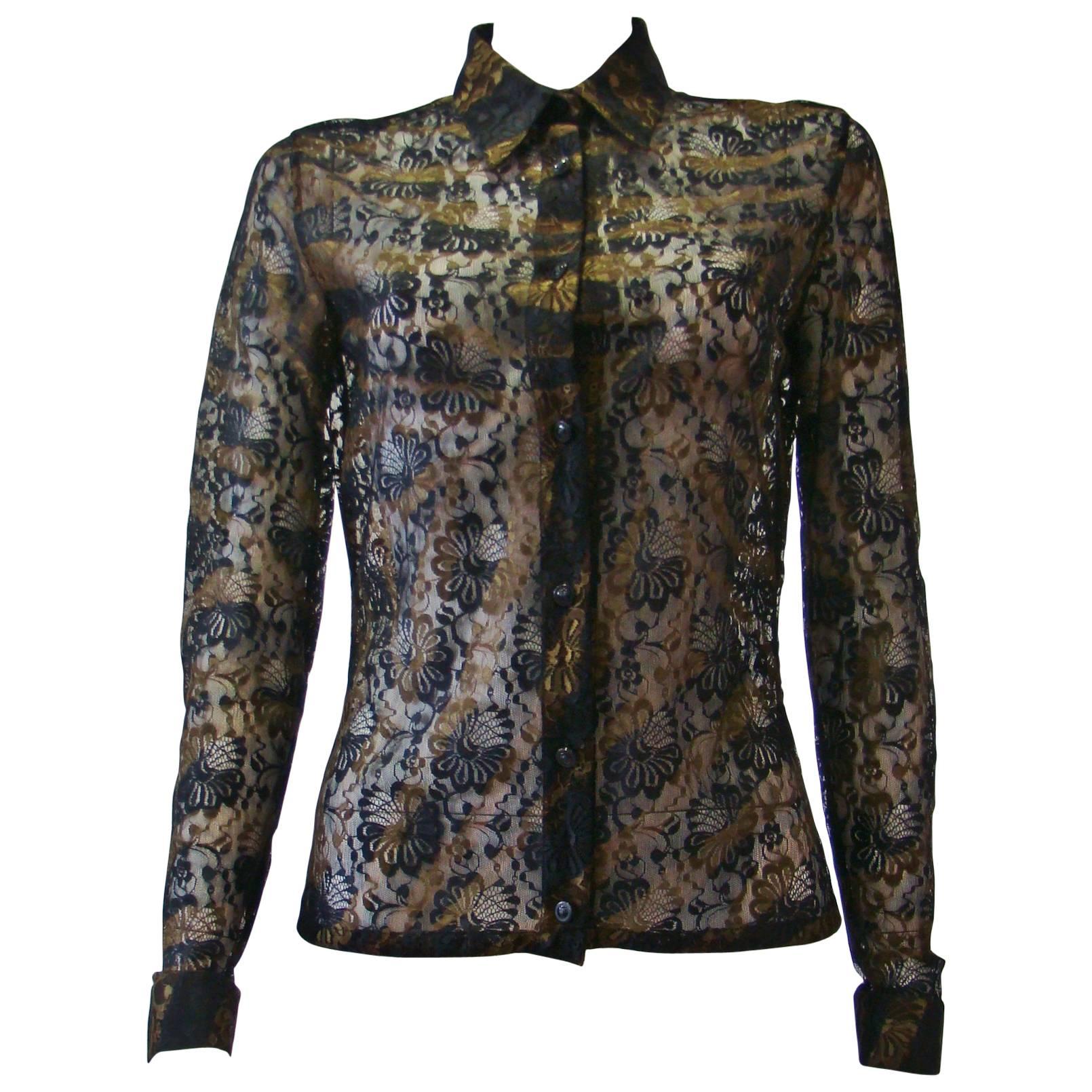 Istante By Gianni Versace Lace Sheer Printed Shirt For Sale