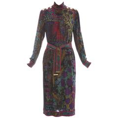 Leonard Silk Wool Printed Sac Dress With Self Belt, Circa 1980's 4