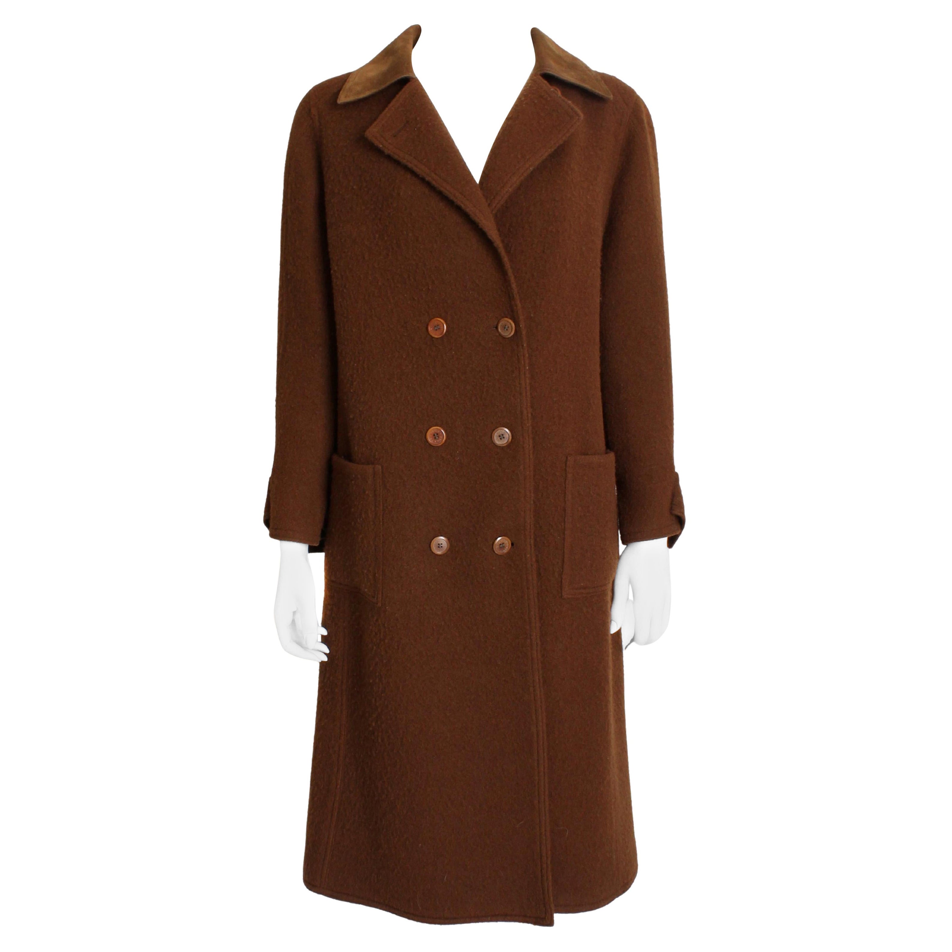 Hermes Brown Double Breasted Suede Leather Trim Trench Style Wool Coat, 1970s For Sale