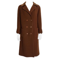 Hermes Brown Double Breasted Suede Leather Trim Trench Style Wool Coat, 1970s