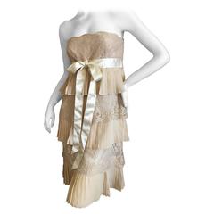 Valentino Ivory Pleated Tiered Lace Trim Cocktail Dress 8