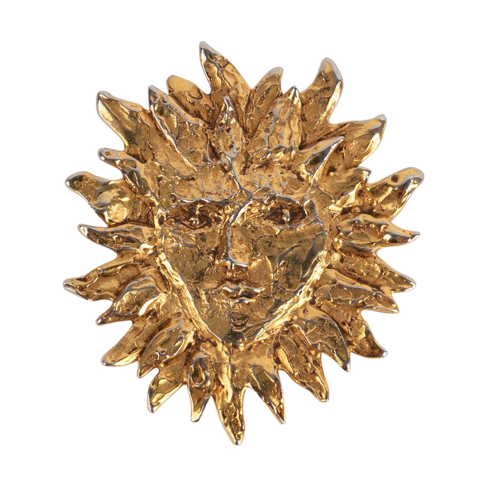 Yves Saint Laurent Beaten Goldene Metallbrosche 'Face' aus Metall