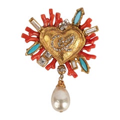 Vintage Christian Lacroix Golden Metal Heart Brooch, 1990s