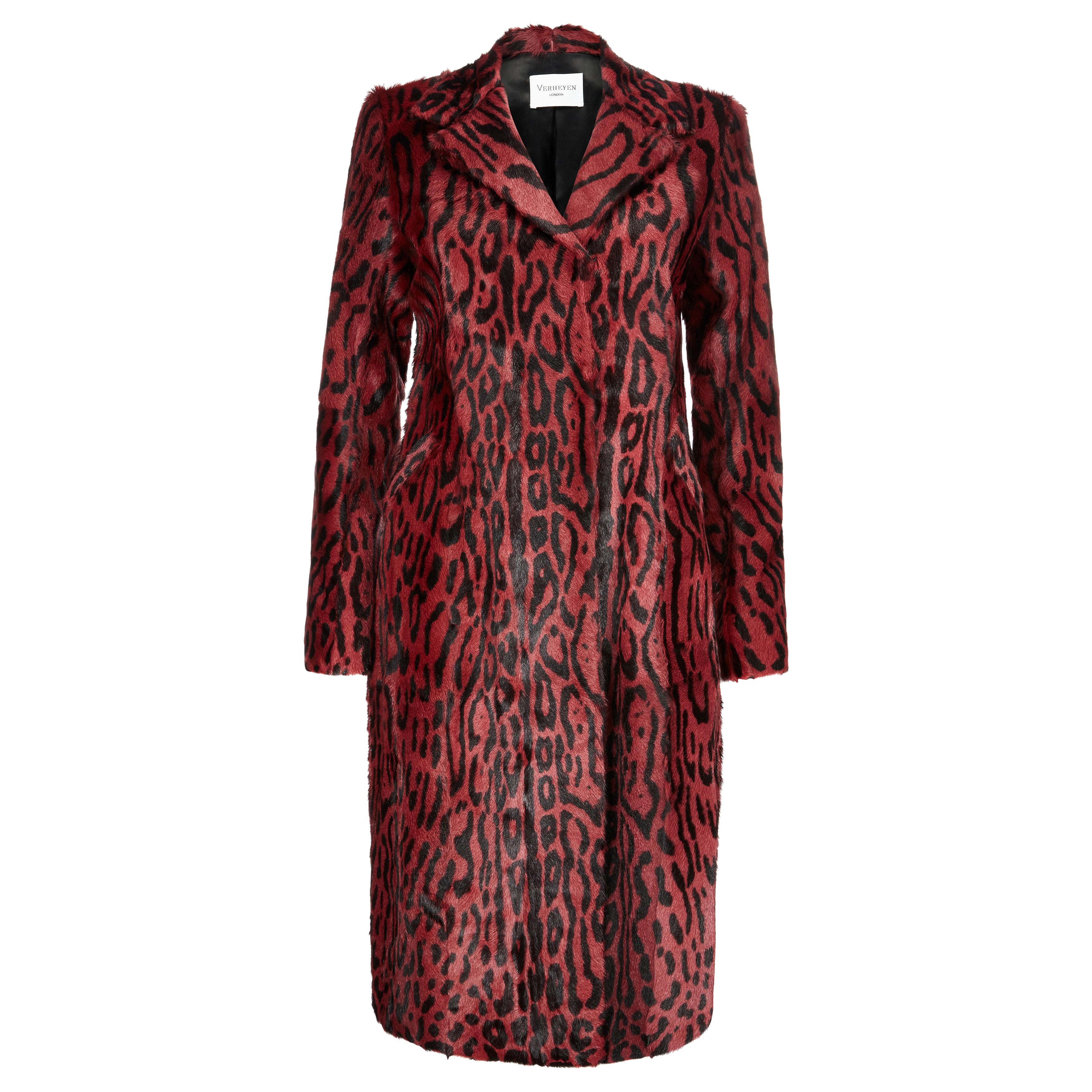 Verheyen London Longline Leopard Print Coat in Ruby Red Goat Hair Fur