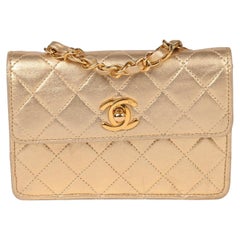 Chanel Gold Quilted Metallic Lambskin Vintage Rectangular Micro Flap Bag