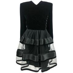 Retro 1980s Valentino Black Velvet Cocktail Dress With Ruched Top and Layered Skirt