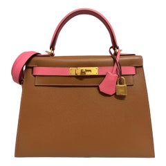 Hermes Kelly 28 Sonderbestellung Sellier Gold mit Rose Azalea rosa Epsom Leder