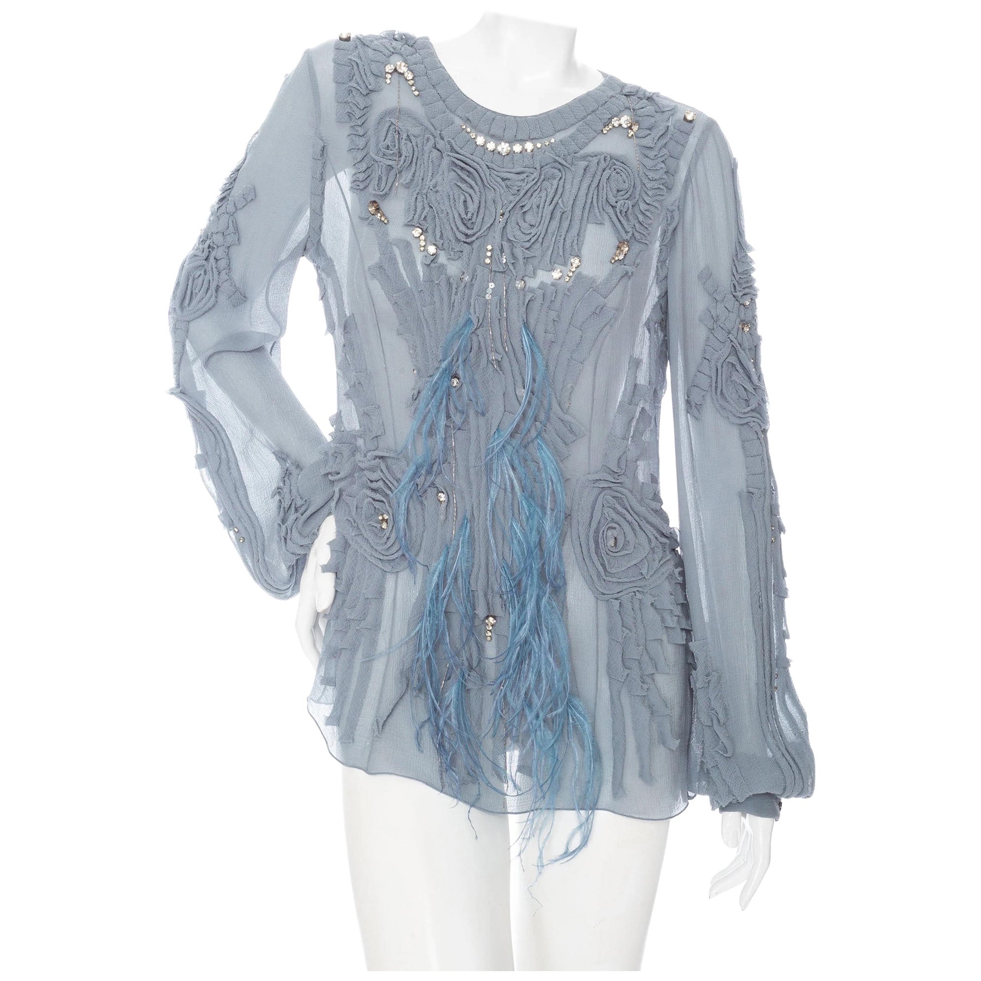 Carolina Herrera Sheer Rhinestone Feather Embellished Blouse Fall2008