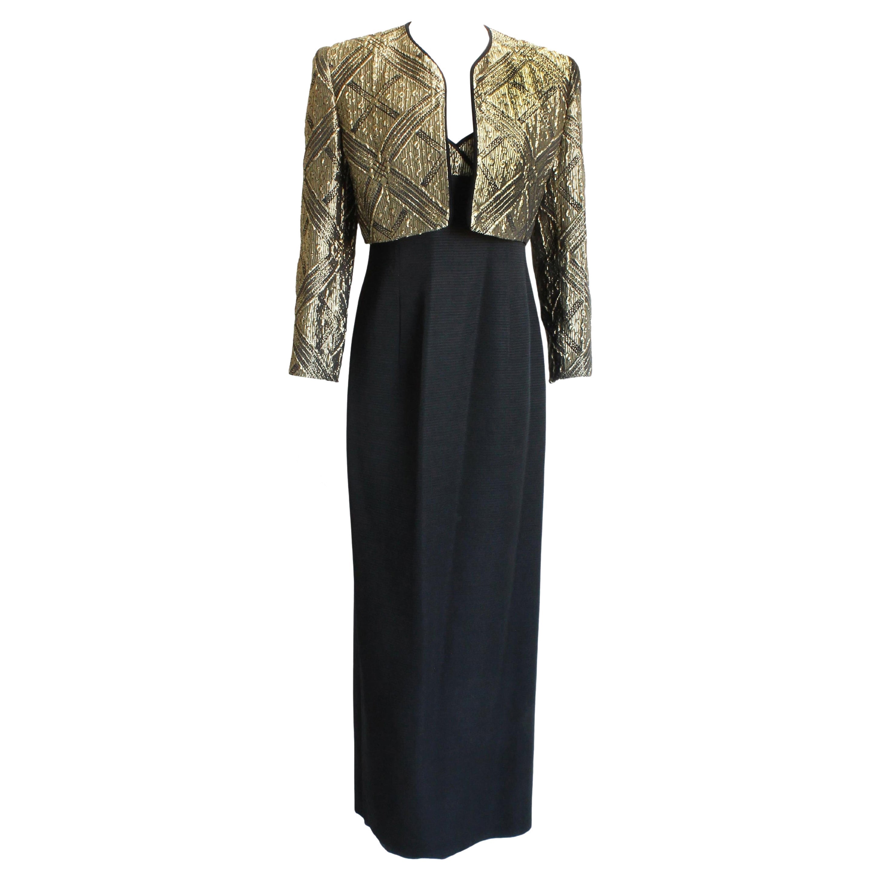 Louis Feraud Evening Gown and Jacket 2pc Long Gold Metallic Brocade Vintage 90s For Sale
