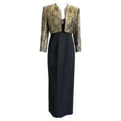 Louis Feraud Evening Gown and Jacket 2pc Long Gold Metallic Brocade Vintage 90s