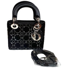 Lady Dior Mini Schwarze Seide mit Kristallen Silberne Hardware