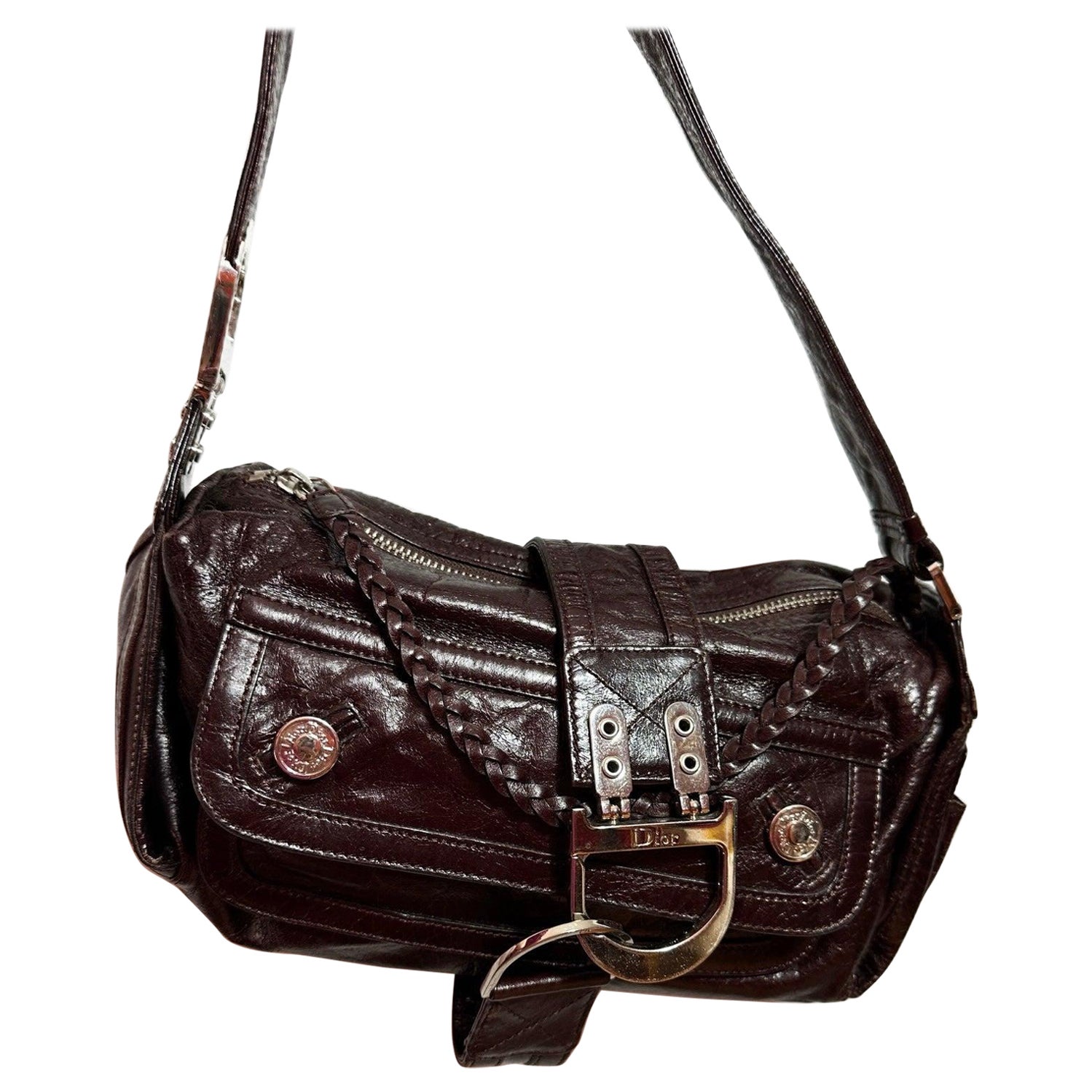 Dior Flight Medium Shoulder Bag Wine Burgundy Crumpled Patent Lambskin Leather For Sale