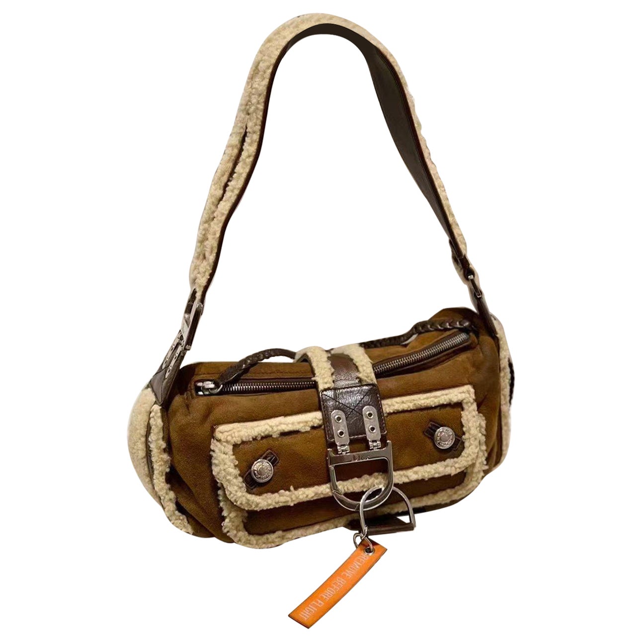 Dior Flight Medium Shoulder Bag Tan Brown Shearling For Sale