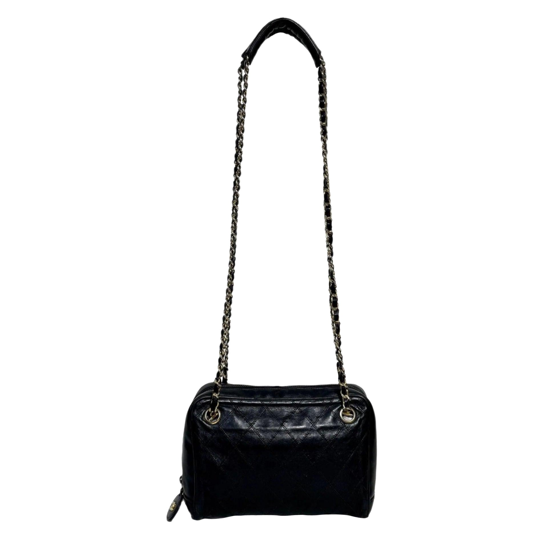 Chanel Mademoiselle Camera Bag Black Double Gold Chain, 1986-1988 For Sale