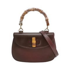 Gucci Bamboo 1947 Bolso Asa Superior Caja Cuero Marrón Chocolate Oscuro Mediano