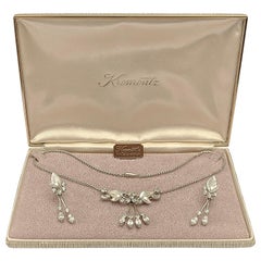 Krementz 14K White Gold Overlay Leaf Design Rhinestone Necklace and Earring Set