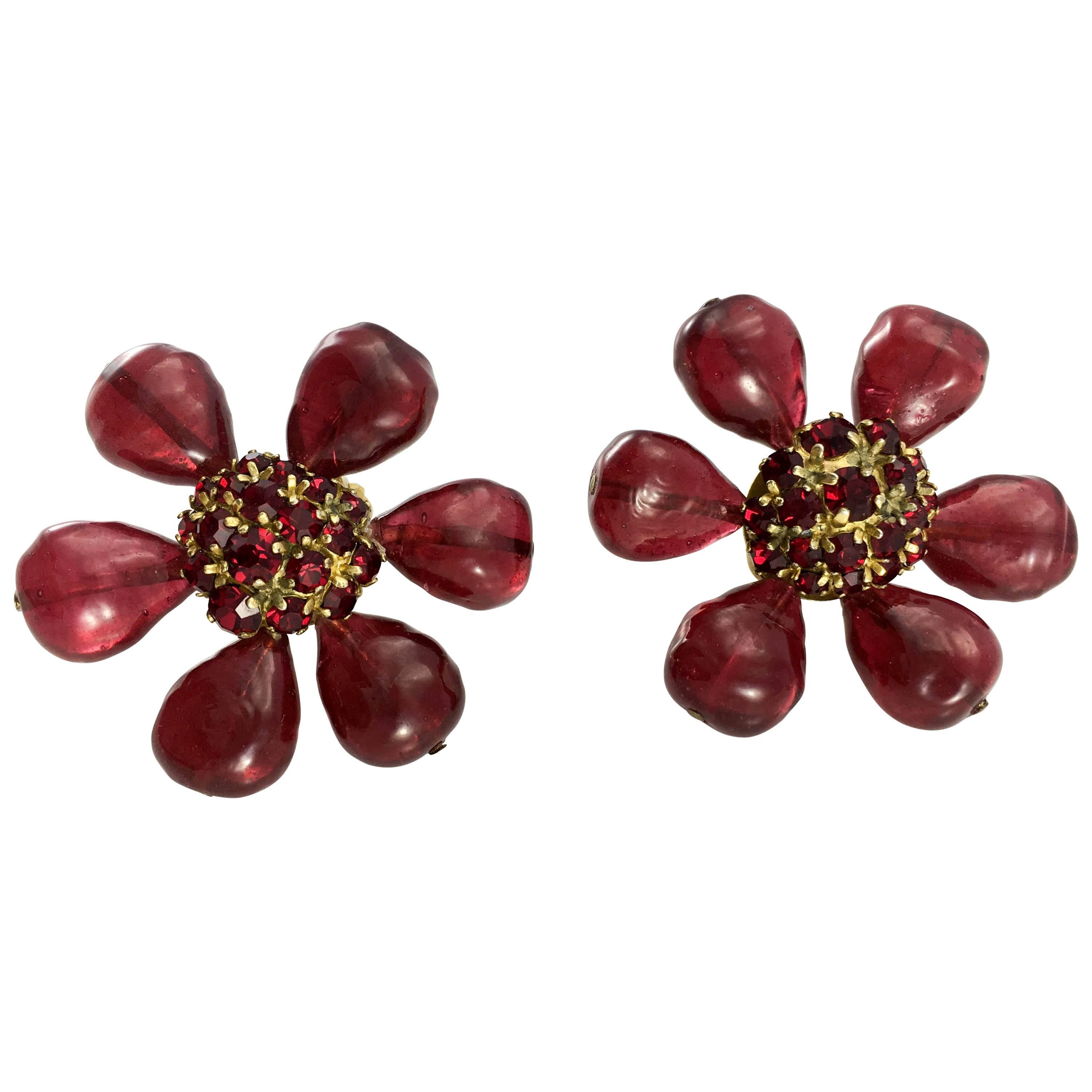 1970s Chanel Red Gripoix Large Flower Earrings
